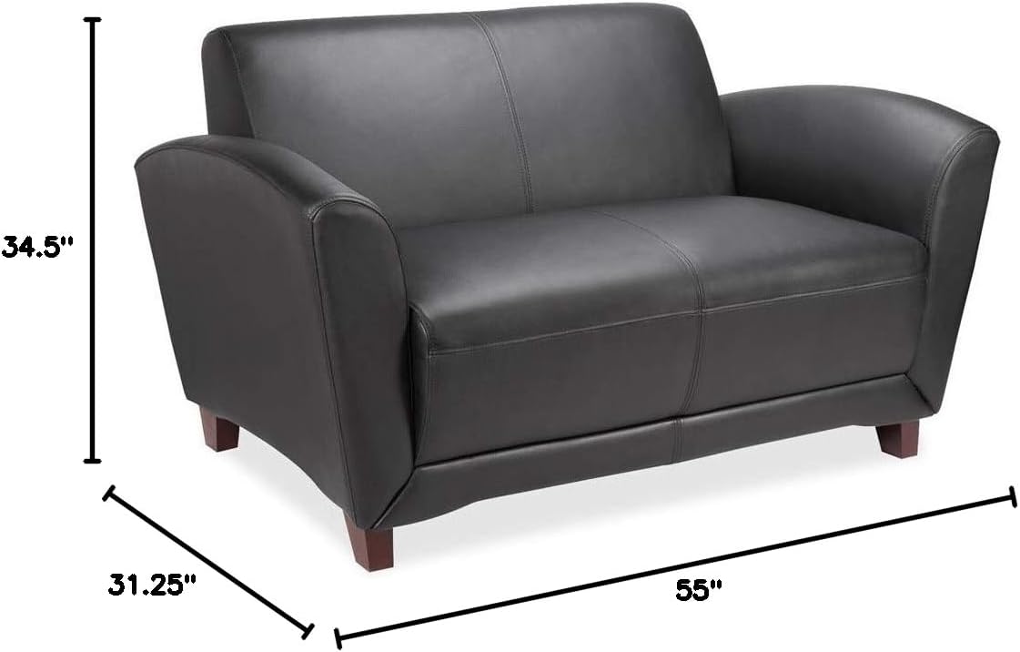 Lorell Accession Reception Loveseat, 55" x 22" x 31.25", Black Bonded Leather with Mahogany Legs