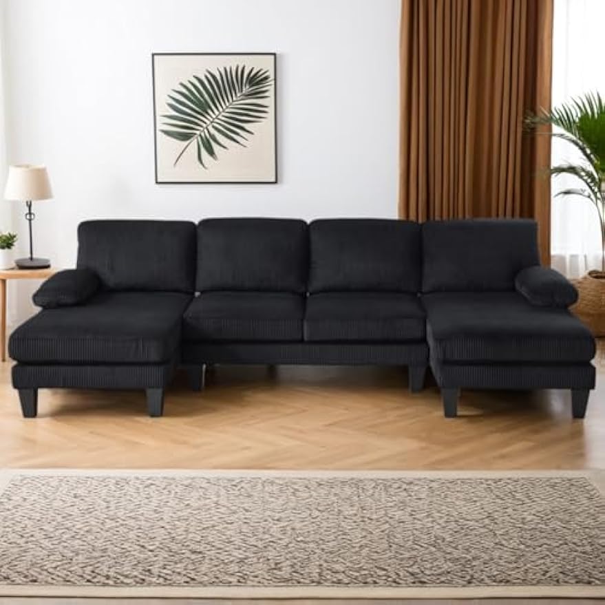 Karl home U-Shape Sectional Sofa Couch 111" Modern 4-Seat Sofa with Chaises Corduroy Fabric Upholstered Covertible Couch with Wood Grain Legs for Living Room, Reception Room, Apartment, Black