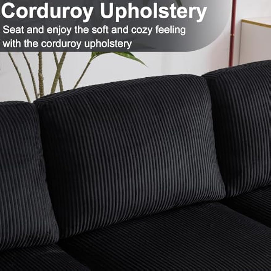 Karl home U-Shape Sectional Sofa Couch 111" Modern 4-Seat Sofa with Chaises Corduroy Fabric Upholstered Covertible Couch with Wood Grain Legs for Living Room, Reception Room, Apartment, Black