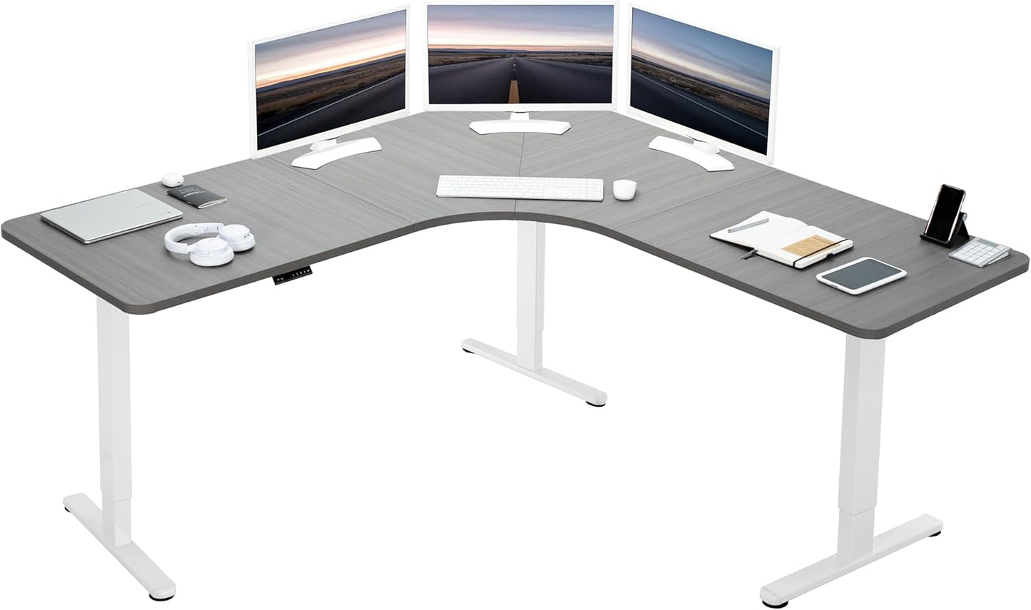 VIVO Electric Height Adjustable 71 x 71 inch Curved Corner Stand Up Desk, White Table Top, White Frame, Memory Controller, L-Shaped Workstation, E3C Series, DESK-KIT-E3CWW