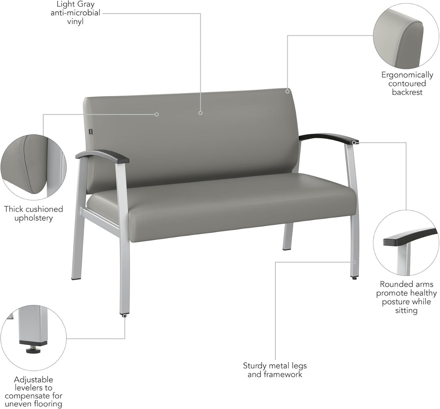 Bush Business Furniture Arrive Waiting Room Loveseat with Arms in Light Gray Vinyl, Reception Area Seating for Office and Lobby