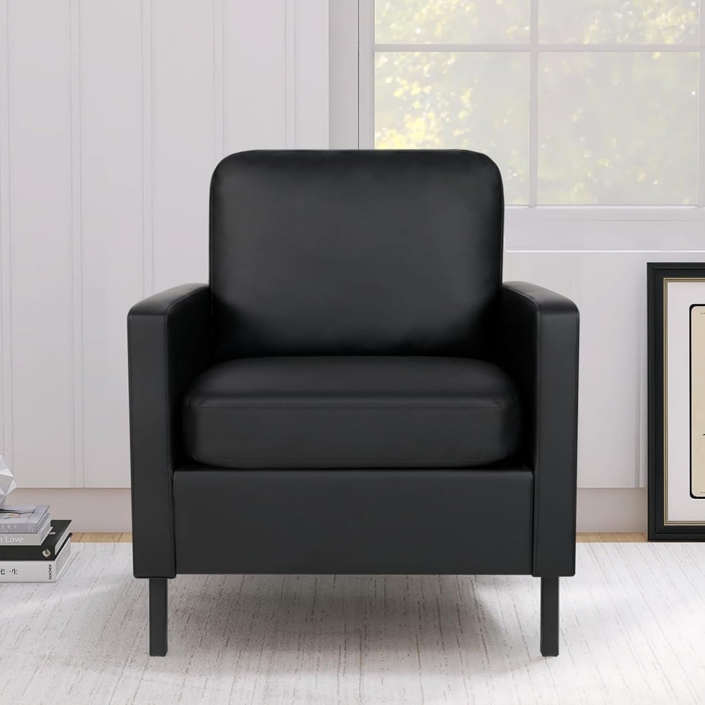 AODAILIHB Black Leather Accent Chair Set of 2, Modern Accent Chairs with Arms, Small Side Chair 2 Pocket/Thick Cushion Single Sofa Comfy Couch for Living Room/Waiting Room/Office (2, Black)