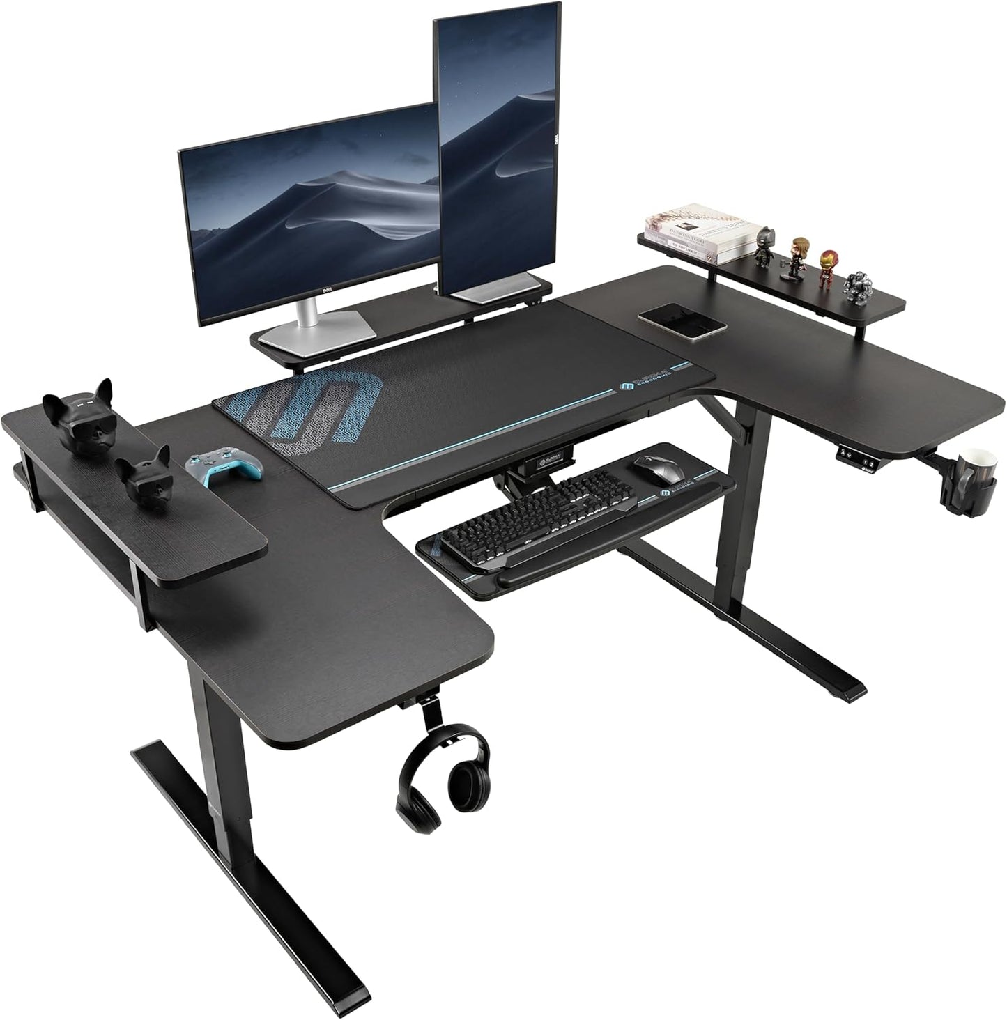 EUREKA ERGONOMIC Standing Desk with Keyboard Tray,U-Shaped 74 Inch Large Gaming Desk,Electric Height Adjustable Music Studio Desk w LED Convertible Shelves