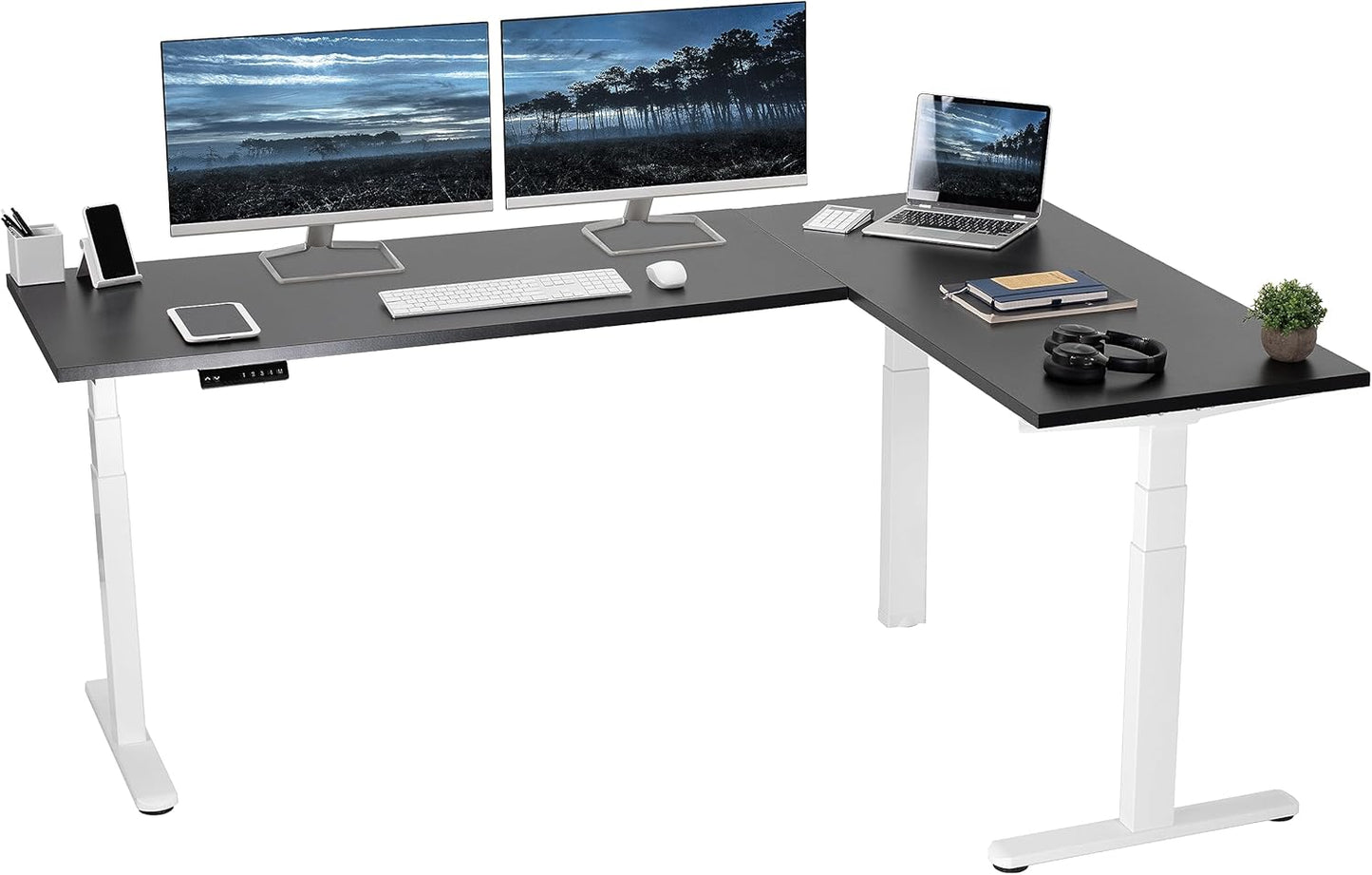VIVO Electric 78 x 55 inch Square Corner Memory L Shaped Stand Up Desk, White Table Top, White Frame, Corner Height Adjustable Workstation, 3E-S Series, DESK-KIT-3E5SW