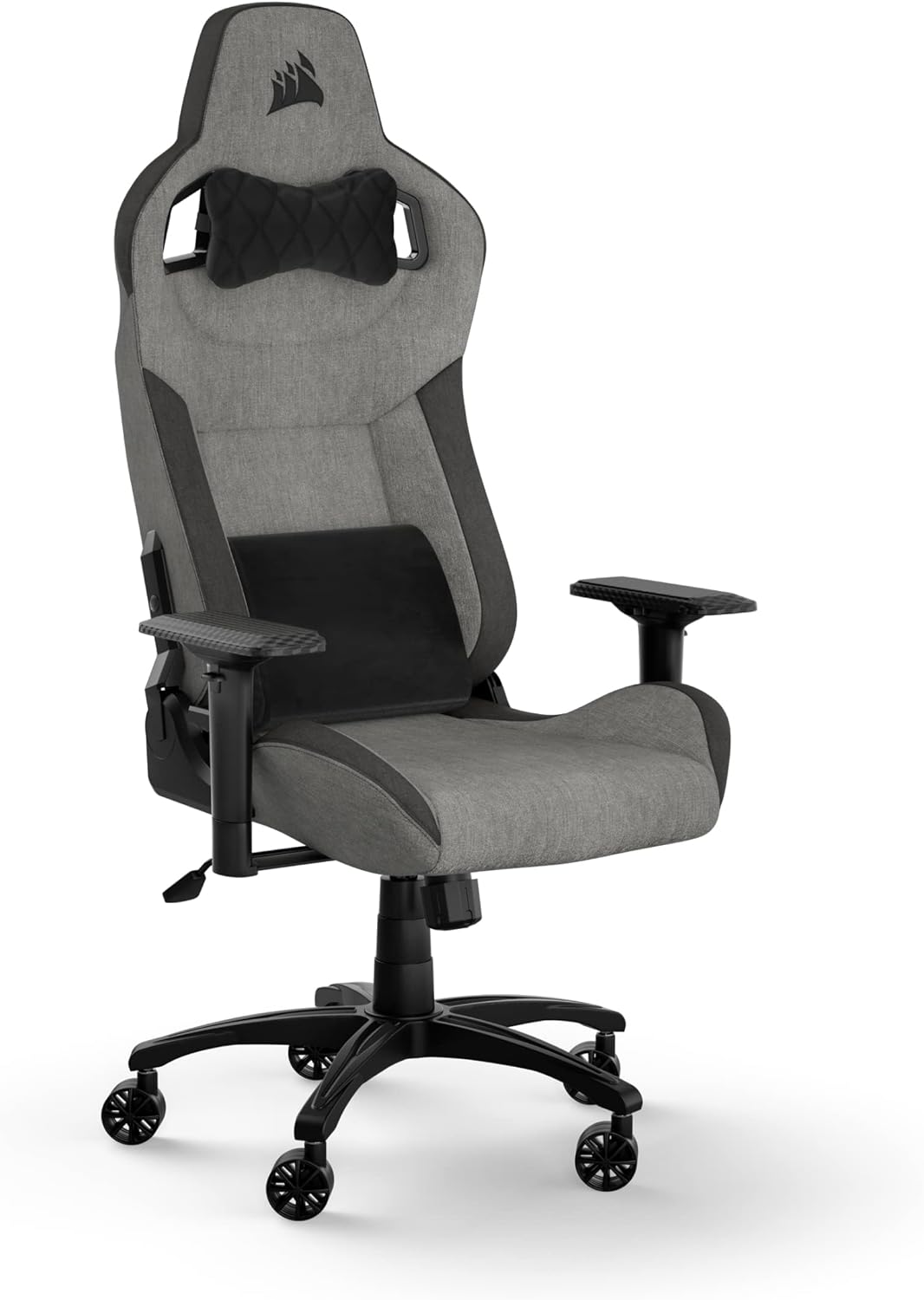Corsair T3 Rush Fabric Gaming Chair (2023) – Racing-Inspired Design – Soft Fabric Exterior – Padded Neck Cushion – Memory Foam Lumbar Support – Adjustable Seat Height – Gray and White