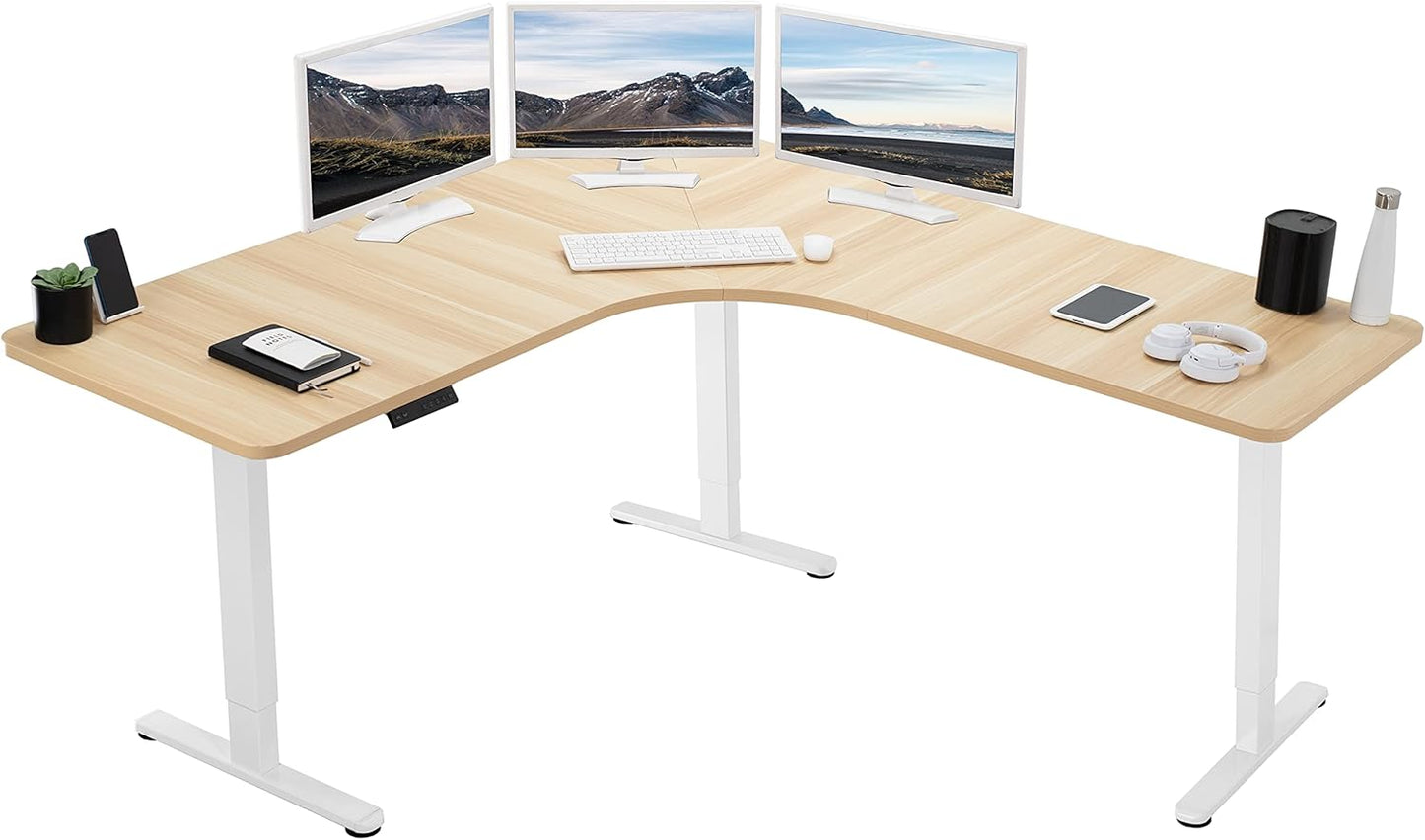 VIVO Electric Height Adjustable 71 x 71 inch Curved Corner Stand Up Desk, White Table Top, White Frame, Memory Controller, L-Shaped Workstation, E3C Series, DESK-KIT-E3CWW