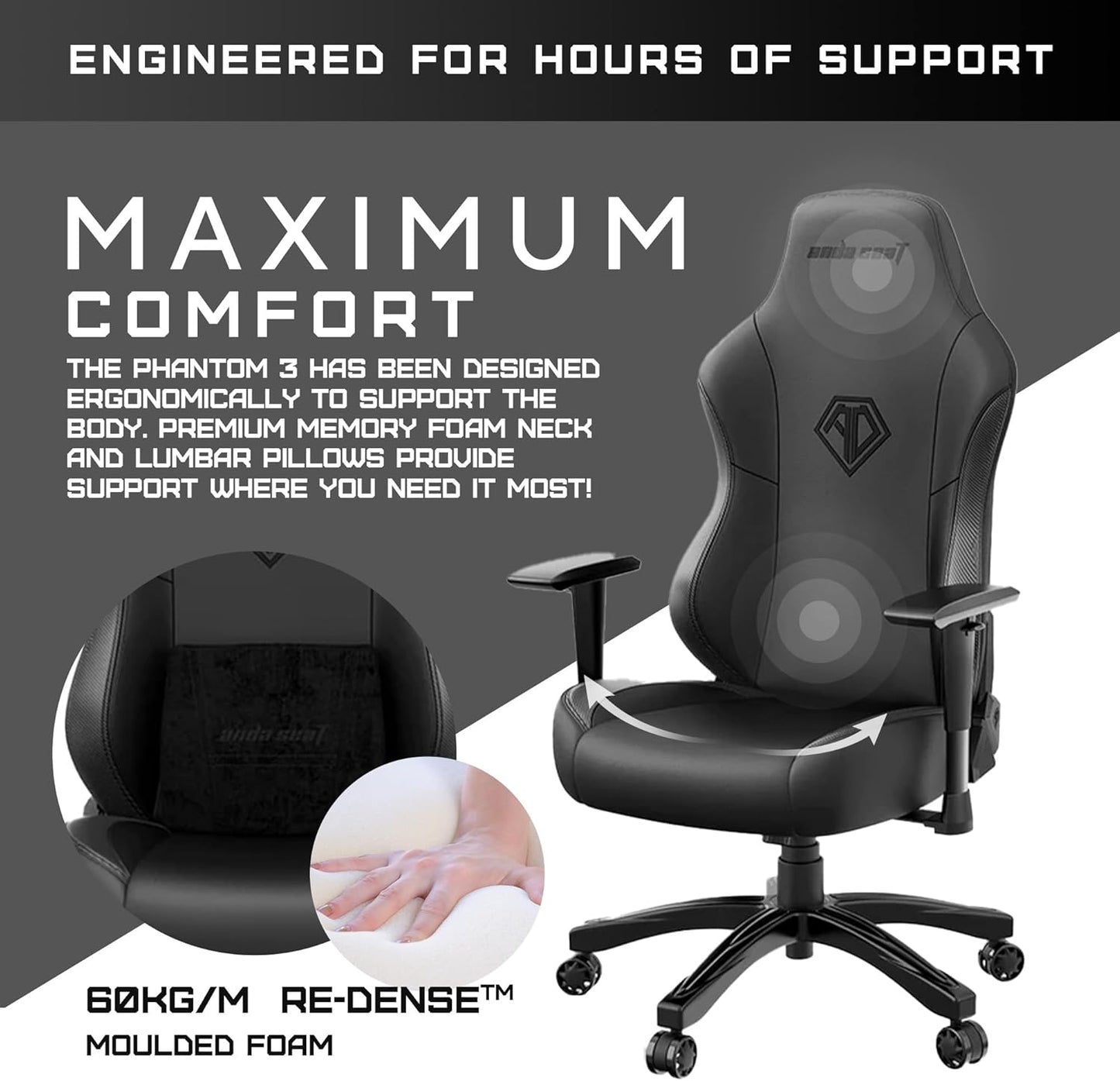 Anda Seat Phantom 3 PVC Leather Gaming Chairs for Adults - Large Wide Seat Gamer Chair with Lumbar Support, Comfortable Premium Video Game Seats with Headrest - Black Gaming Seat with Cushion