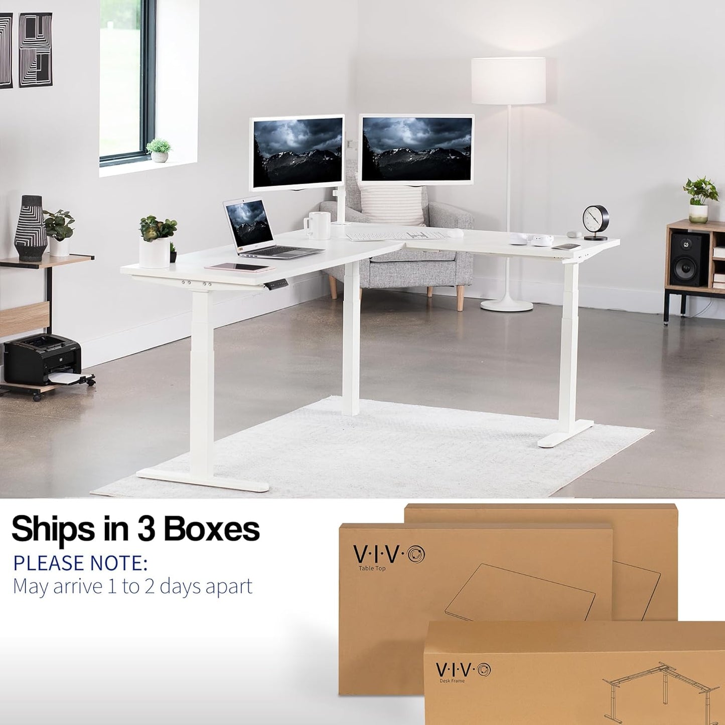 VIVO Electric 78 x 55 inch Square Corner Memory L Shaped Stand Up Desk, White Table Top, White Frame, Corner Height Adjustable Workstation, 3E-S Series, DESK-KIT-3E5SW