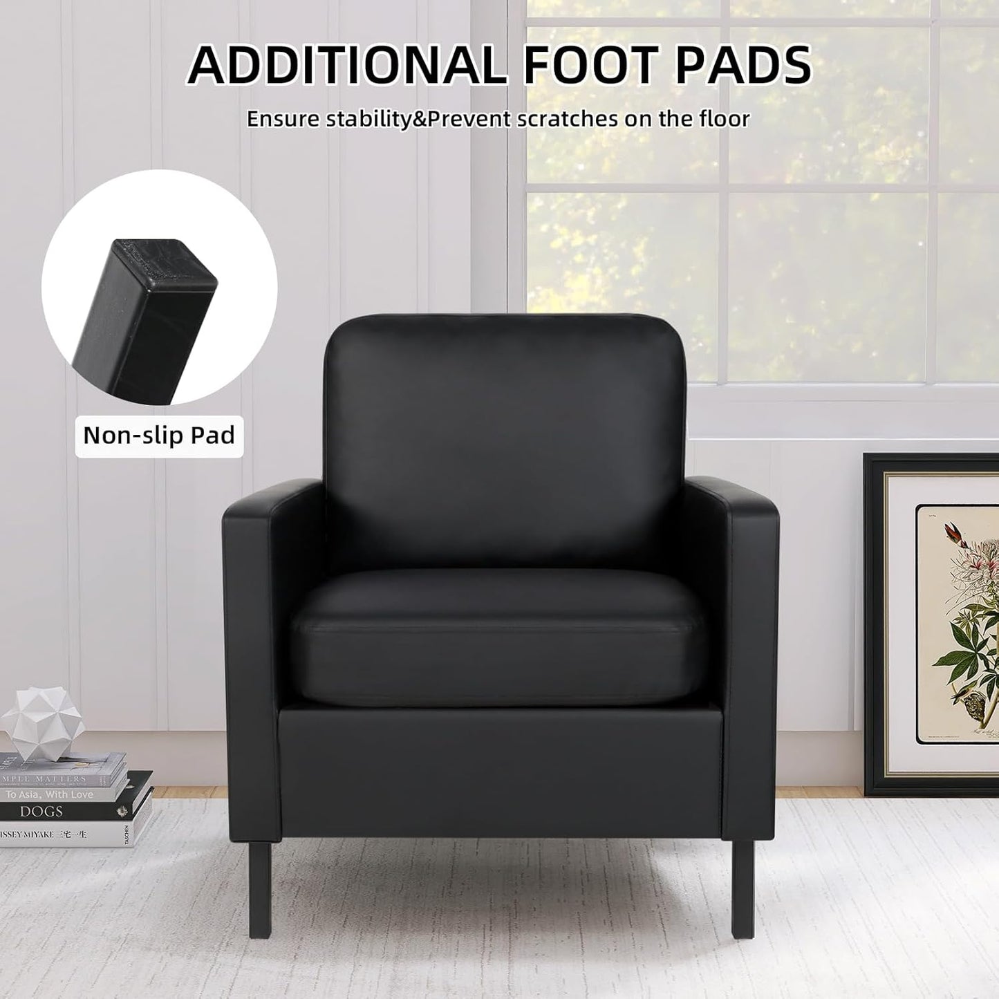 AODAILIHB Black Leather Accent Chair Set of 2, Modern Accent Chairs with Arms, Small Side Chair 2 Pocket/Thick Cushion Single Sofa Comfy Couch for Living Room/Waiting Room/Office (2, Black)