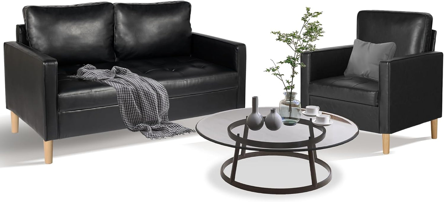 AILEEKISS Mid-Century Sectional Sofa Couch Set Faux Leather Office 3 Pcs Couch Set with Armrest Modern Upholstered Loveseat Couches for Livingroom (1-Seater+1-Seater+2-Seater, Black)