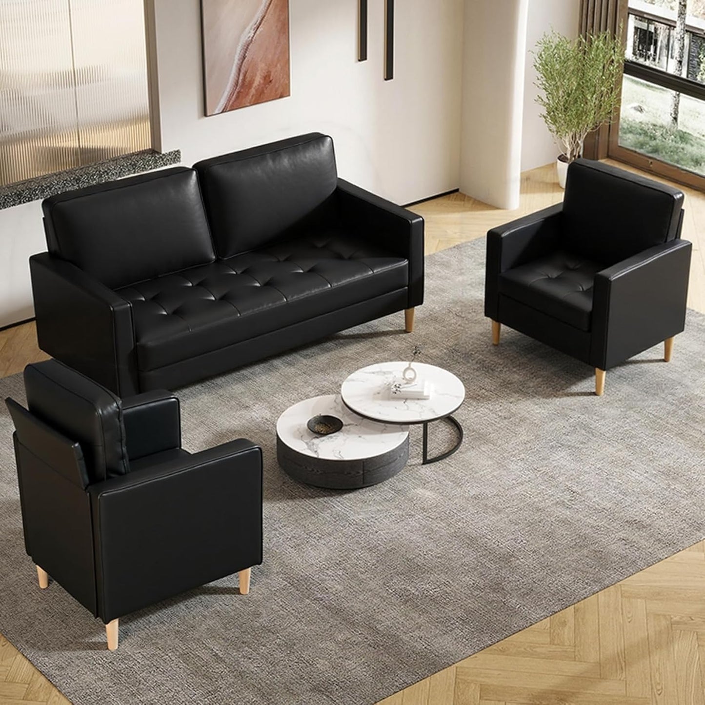 AILEEKISS Mid-Century Sectional Sofa Couch Set Faux Leather Office 3 Pcs Couch Set with Armrest Modern Upholstered Loveseat Couches for Livingroom (1-Seater+1-Seater+2-Seater, Black)