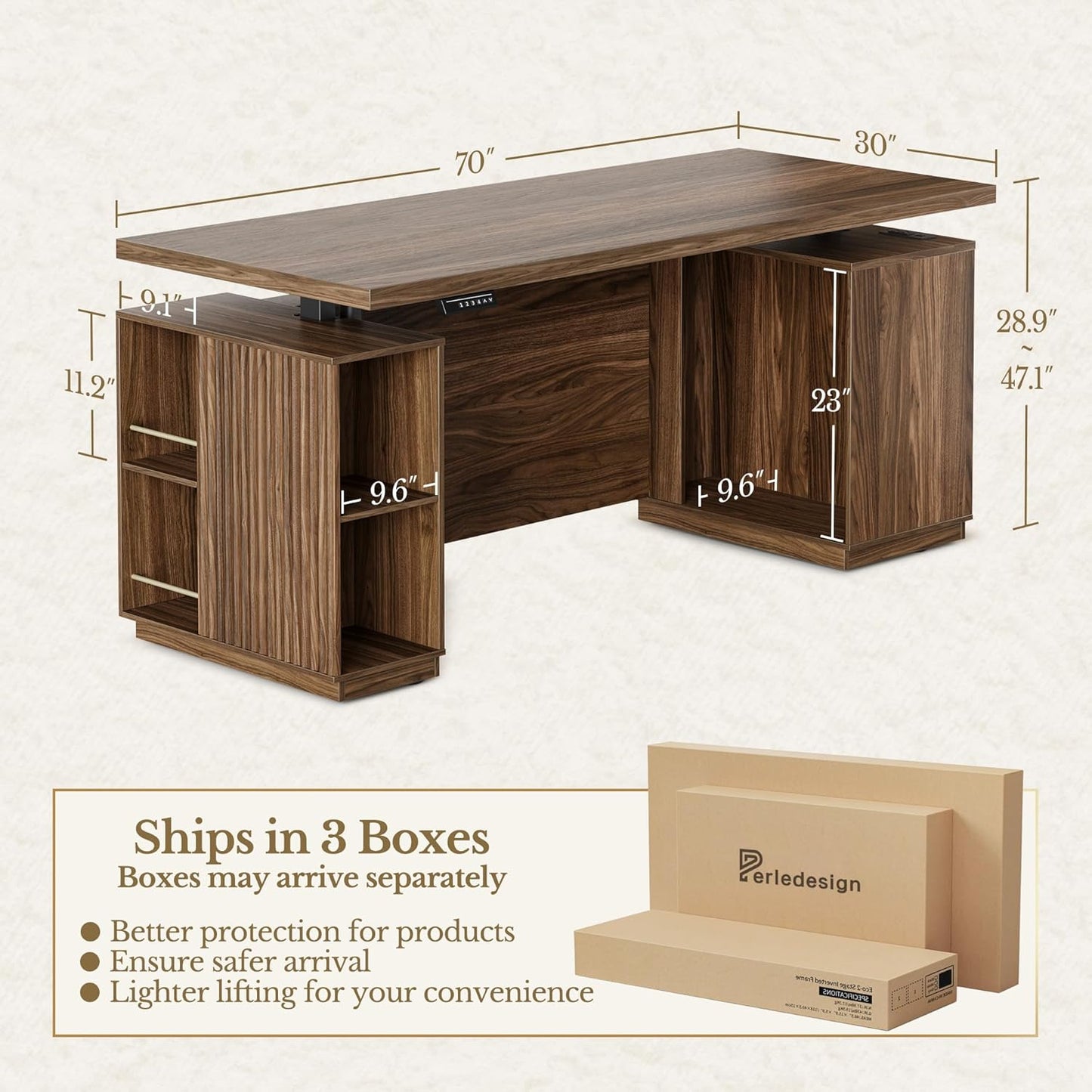 70" Standing Desk with Storage, Executive Electric Height Adjustable Stand Up Desk with AC/USB, Privacy Panel, Large One-Piece Destop, Fluted Computer Desk, Black Walnut
