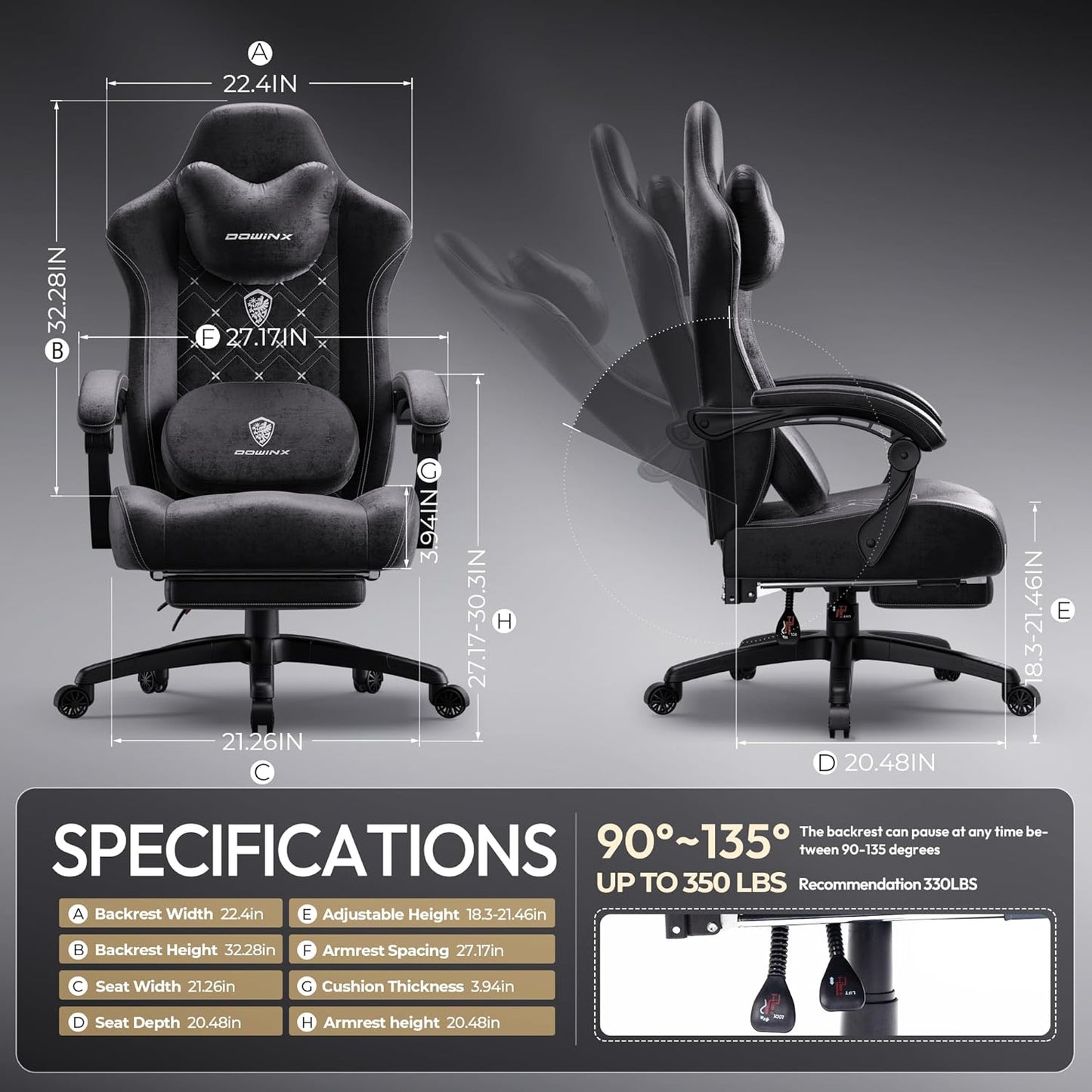 Dowinx Gaming Chair with Heated Massage Lumbar Support,Big and Tall Fabric Gaming Chairs for Adults with Footrest, Ergonomic Computer Game Chair with Poket Spring Cushions, 350lbs, Black