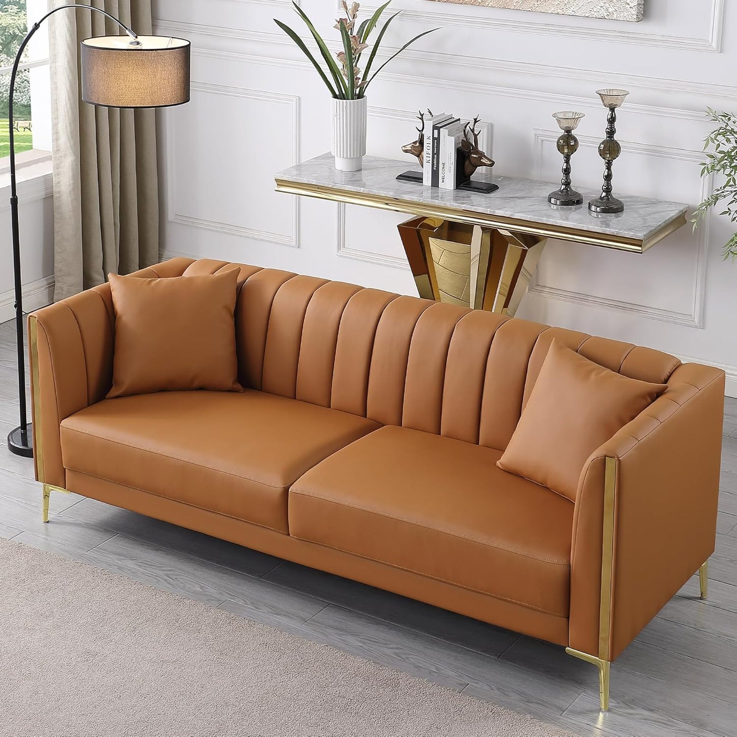 FOTOSOK 78'' Sofa, Black Couches for Living Room, Comfy Sofas Faux Leather Sofa 3 Seater Couches with 2 Throw Pillows and Gold Metal Legs, Deep Seat Sofas for Home, Office (Black)