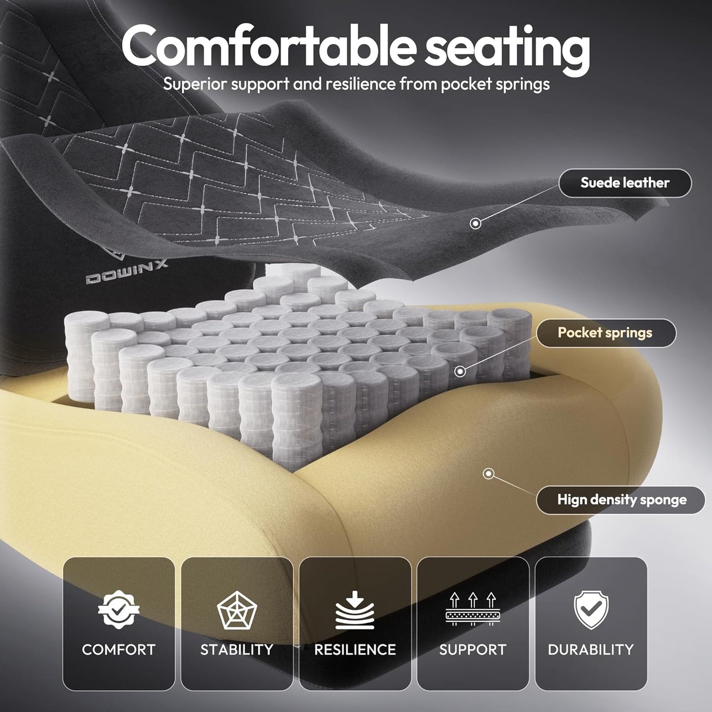 Dowinx Gaming Chair with Heated Massage Lumbar Support,Big and Tall Fabric Gaming Chairs for Adults with Footrest, Ergonomic Computer Game Chair with Poket Spring Cushions, 350lbs, Black