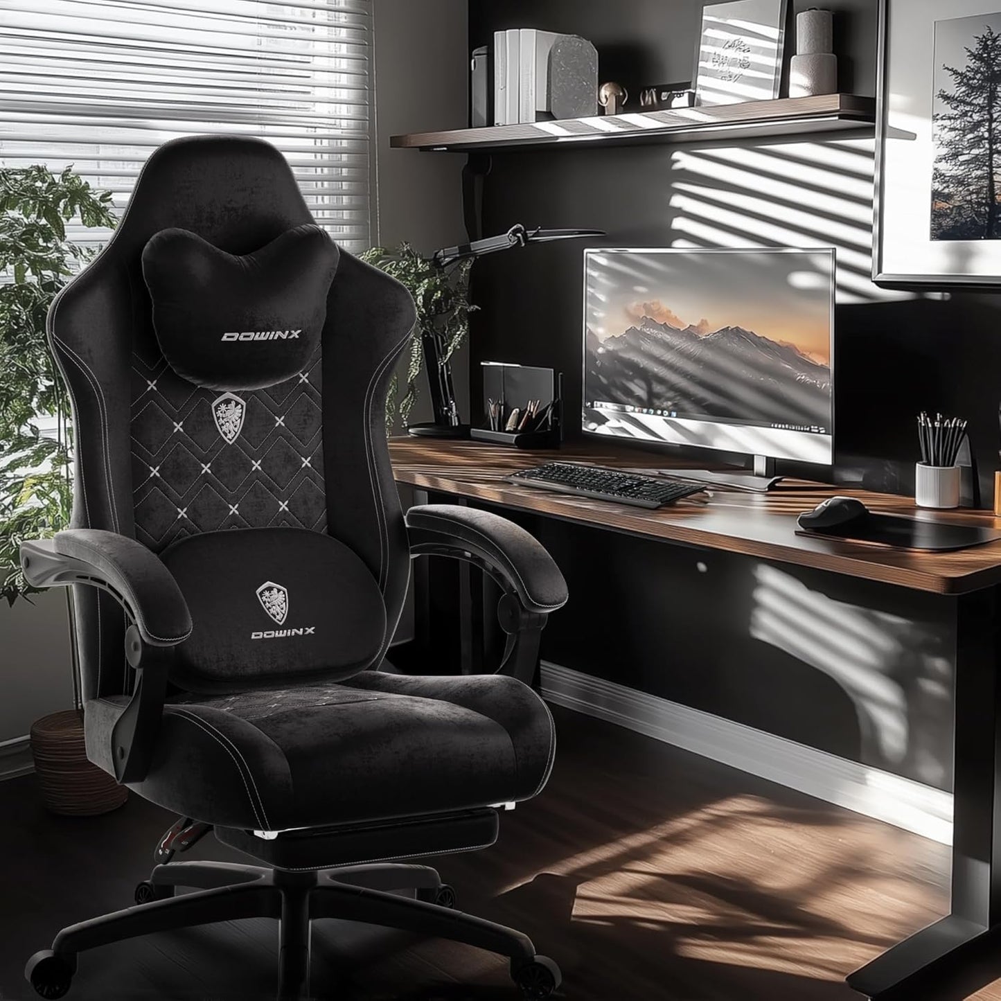Dowinx Gaming Chair with Heated Massage Lumbar Support,Big and Tall Fabric Gaming Chairs for Adults with Footrest, Ergonomic Computer Game Chair with Poket Spring Cushions, 350lbs, Black