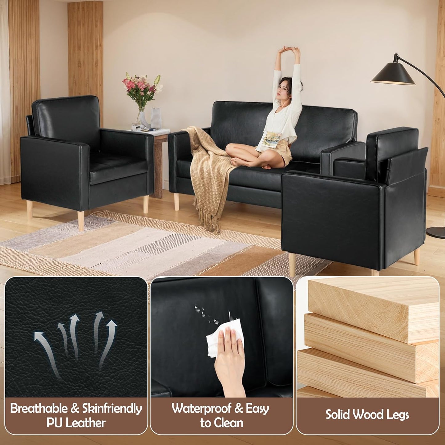 AILEEKISS Mid-Century Sectional Sofa Couch Set Faux Leather Office 3 Pcs Couch Set with Armrest Modern Upholstered Loveseat Couches for Livingroom (1-Seater+1-Seater+2-Seater, Black)