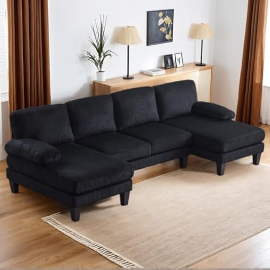 Karl home U-Shape Sectional Sofa Couch 111" Modern 4-Seat Sofa with Chaises Corduroy Fabric Upholstered Covertible Couch with Wood Grain Legs for Living Room, Reception Room, Apartment, Black