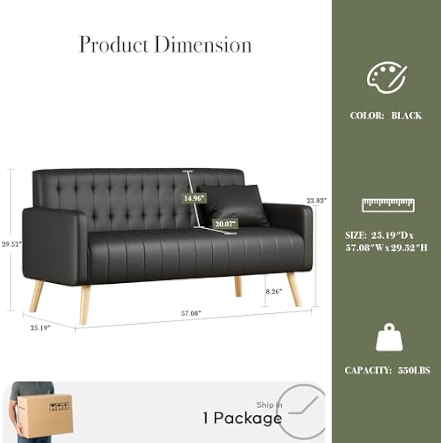 57” W Loveseat Sofa, Small Black Faux Leather Couch w/USB Charging Ports, Mid Century Modern Tufted Love Seat Couches, Mini Office Sofa Couch for Small Spaces, Bedroom, Living Room, Apartment