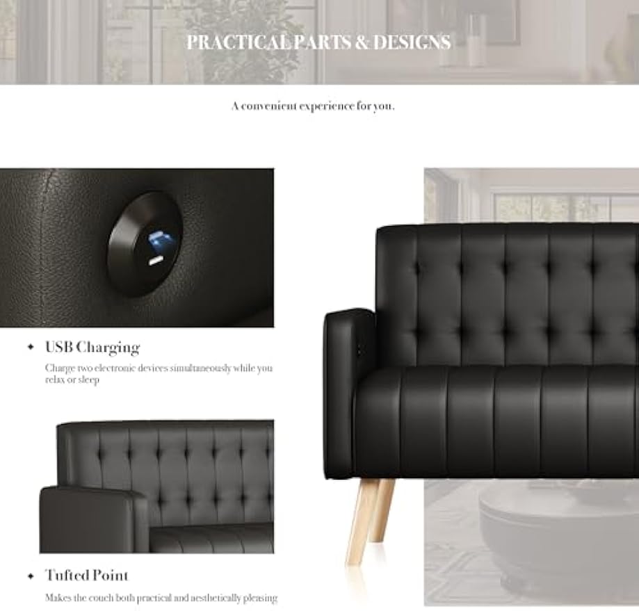 57” W Loveseat Sofa, Small Black Faux Leather Couch w/USB Charging Ports, Mid Century Modern Tufted Love Seat Couches, Mini Office Sofa Couch for Small Spaces, Bedroom, Living Room, Apartment