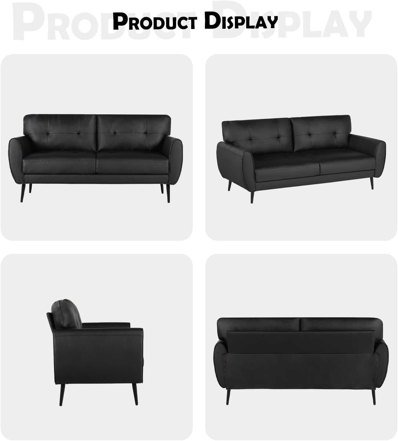 60" Loveseat Sofa for Living Room, Mid Century Mini Black Couch, Tufted Leather Love Seat Furniture, Comfy Office 2 Seat, Small Couches for Small Spaces, Bedroom, Apartment