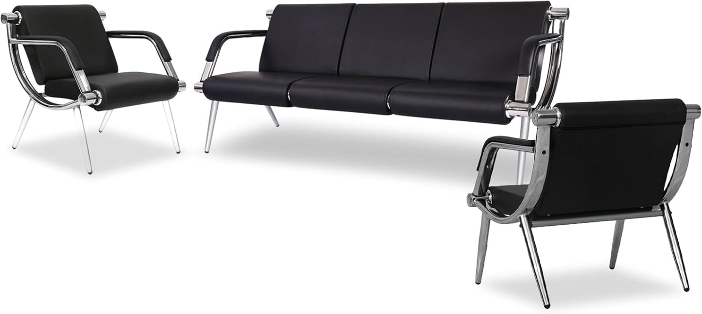 Kinsuite 3-Seat Office Reception Waiting Room Chairs - Guest & Reception Chairs for Salon Barber Bench Airport Bank Hall Visitor Guest Black PU Leather Office Sofa, Black