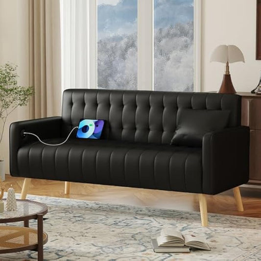 57” W Loveseat Sofa, Small Black Faux Leather Couch w/USB Charging Ports, Mid Century Modern Tufted Love Seat Couches, Mini Office Sofa Couch for Small Spaces, Bedroom, Living Room, Apartment