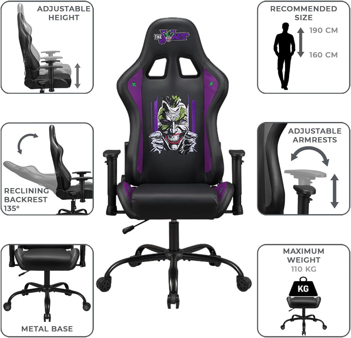 Joker - Gaming Chair or Office Chair, Adult Gamer Chair, Comfortable seat, Integrated headrest, Adjustable armrests and Height, Ergonomic backrest - Black