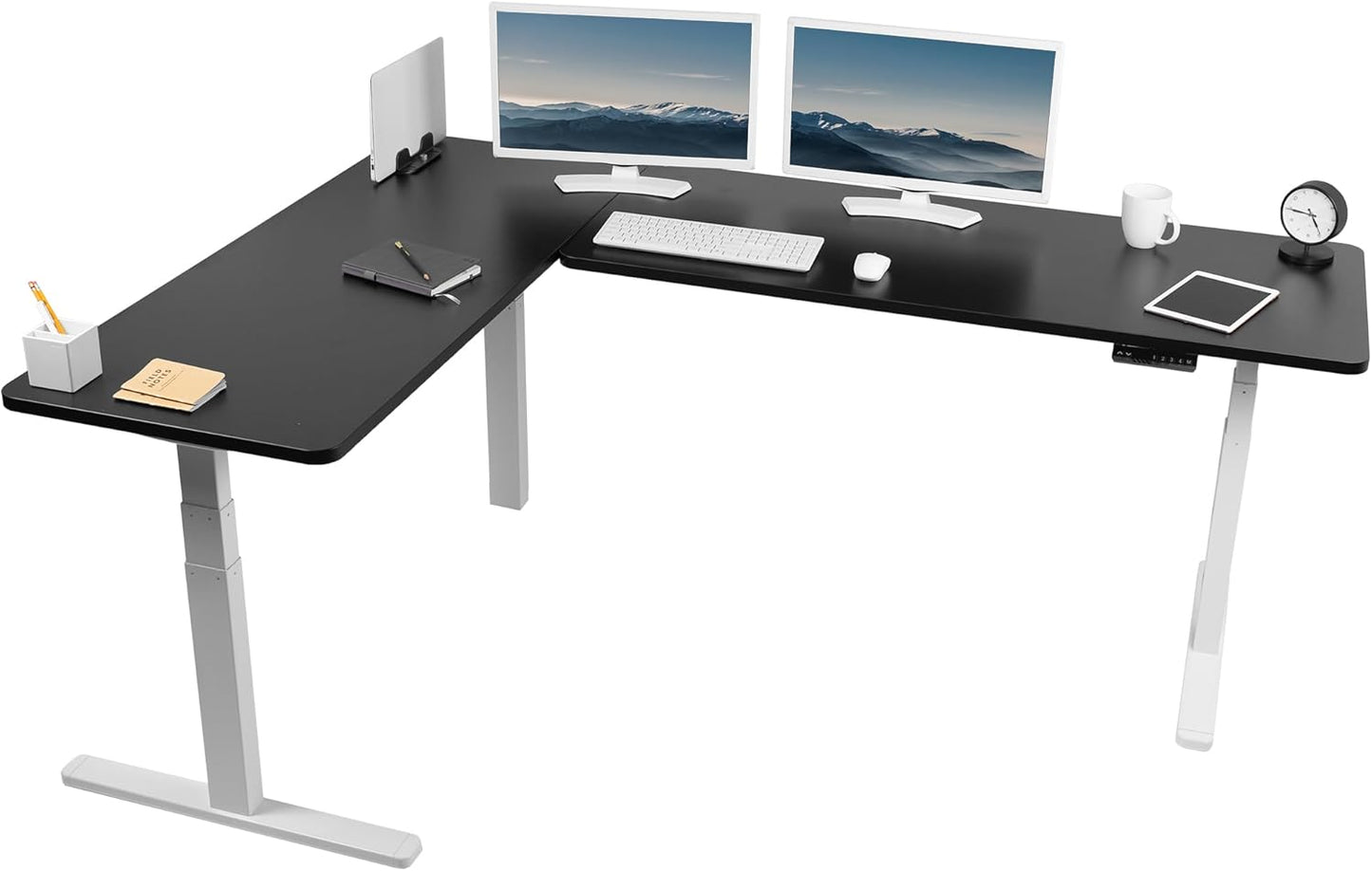 VIVO Electric 78 x 55 inch Square Corner Memory L Shaped Stand Up Desk, White Table Top, White Frame, Corner Height Adjustable Workstation, 3E-S Series, DESK-KIT-3E5SW