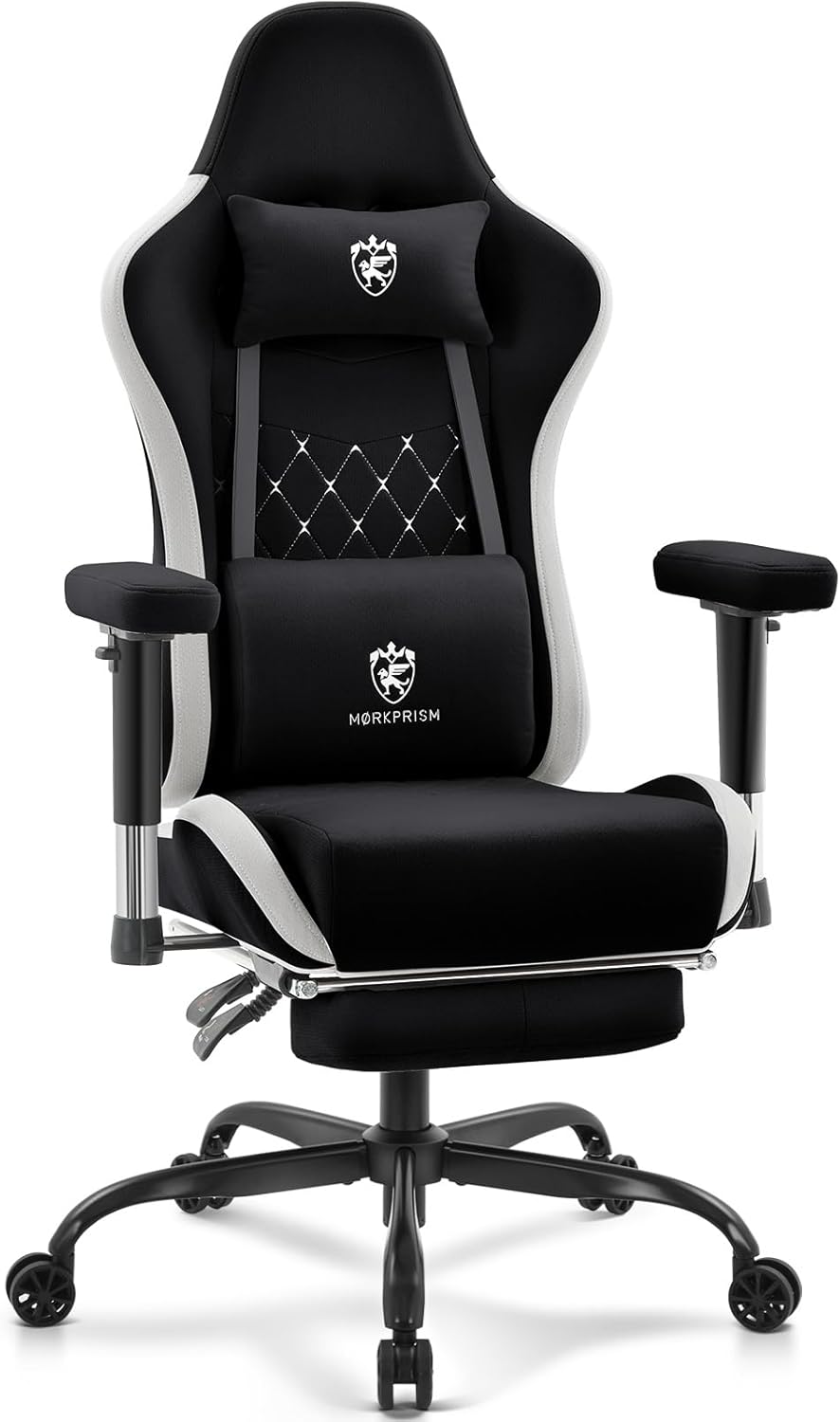 Gaming Chair Breathable Fabric,Computer Office Chair with Footrest,Massage Lumbar Support and Gel Pad,Ergonomic Reclining Gamer Chair with Adjustable Armrests and Spring Cushion Grey Black