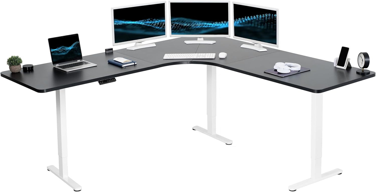 VIVO Electric Height Adjustable 71 x 71 inch Curved Corner Stand Up Desk, White Table Top, White Frame, Memory Controller, L-Shaped Workstation, E3C Series, DESK-KIT-E3CWW