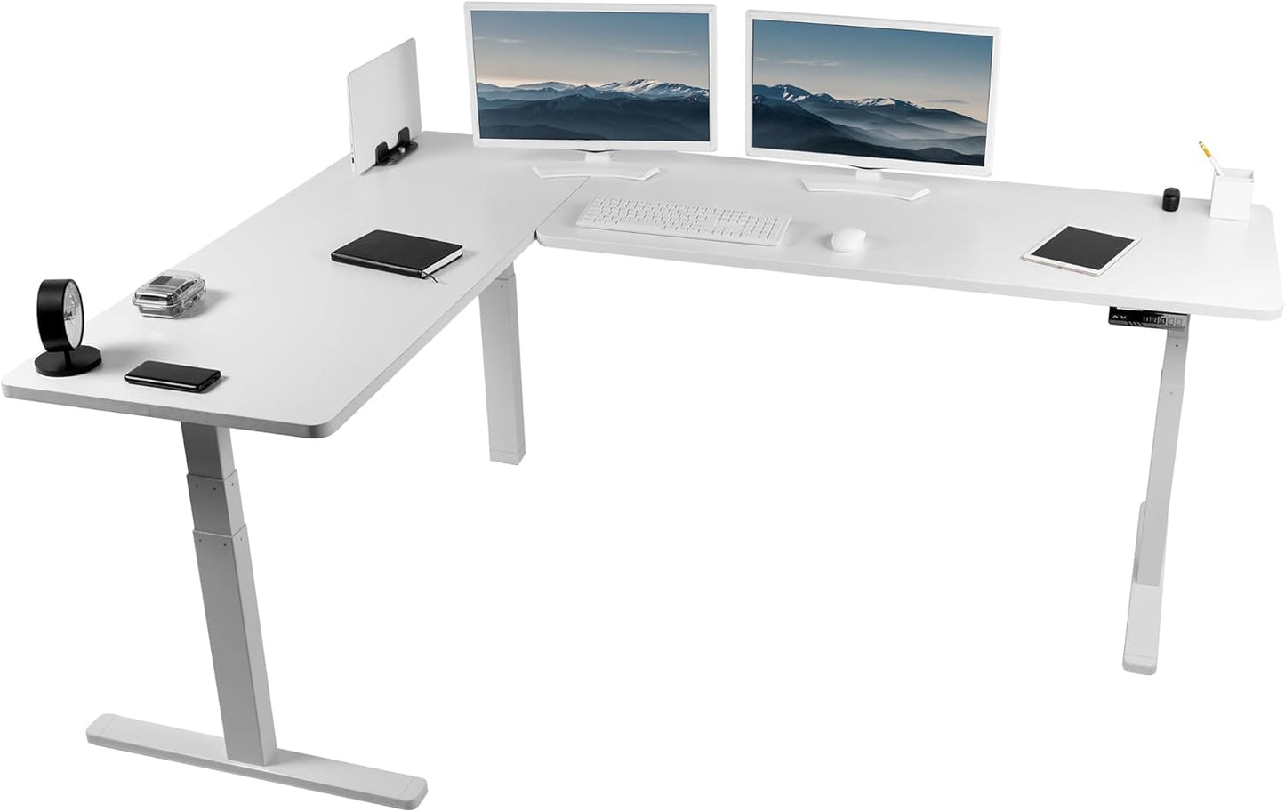 VIVO Electric 78 x 55 inch Square Corner Memory L Shaped Stand Up Desk, White Table Top, White Frame, Corner Height Adjustable Workstation, 3E-S Series, DESK-KIT-3E5SW