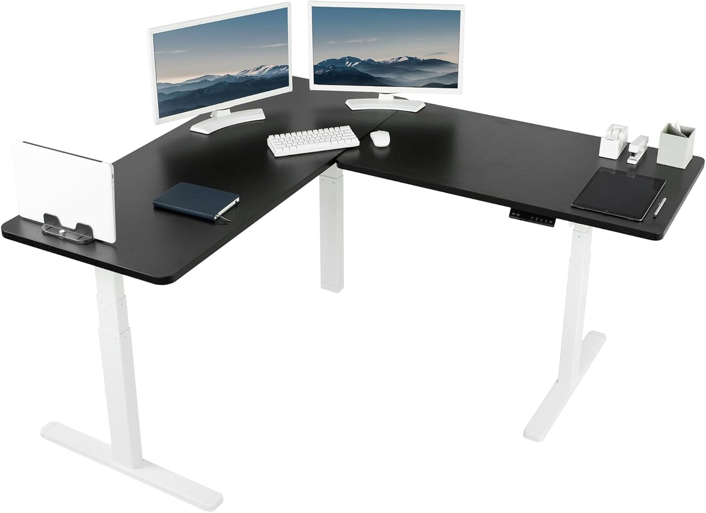 VIVO Electric 78 x 55 inch Square Corner Memory L Shaped Stand Up Desk, White Table Top, White Frame, Corner Height Adjustable Workstation, 3E-S Series, DESK-KIT-3E5SW