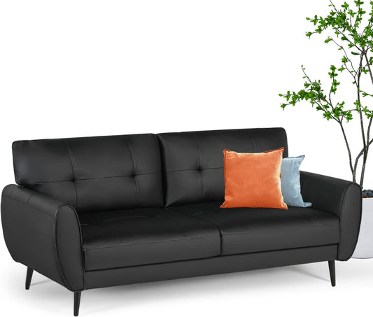 60" Loveseat Sofa for Living Room, Mid Century Mini Black Couch, Tufted Leather Love Seat Furniture, Comfy Office 2 Seat, Small Couches for Small Spaces, Bedroom, Apartment