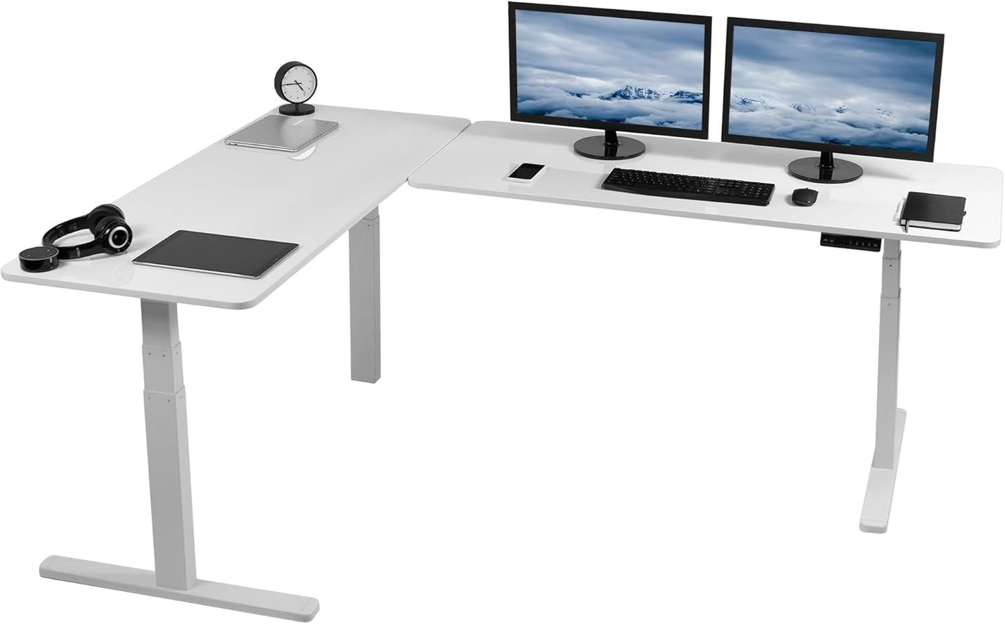 VIVO Electric 78 x 55 inch Square Corner Memory L Shaped Stand Up Desk, White Table Top, White Frame, Corner Height Adjustable Workstation, 3E-S Series, DESK-KIT-3E5SW