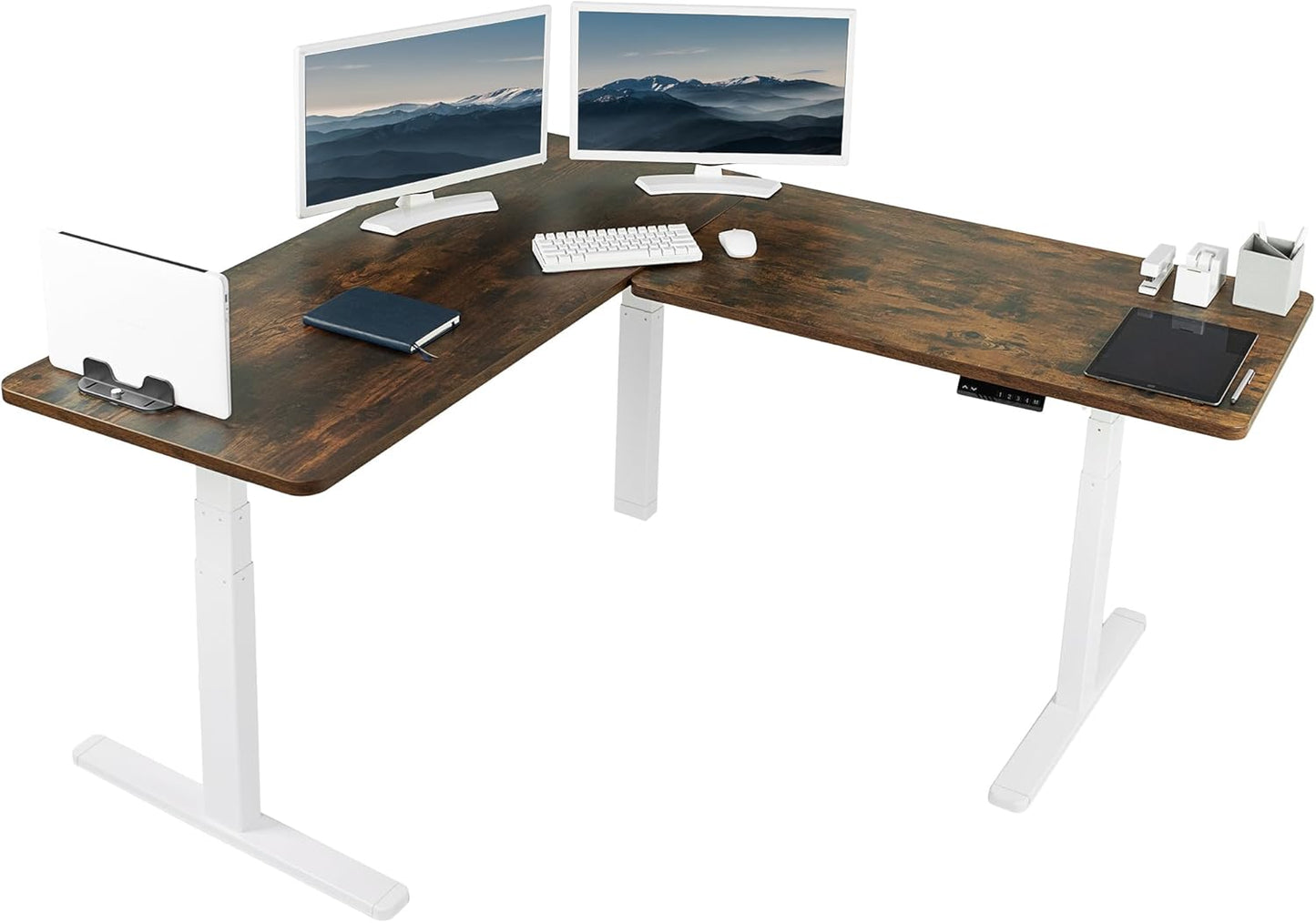 VIVO Electric 78 x 55 inch Square Corner Memory L Shaped Stand Up Desk, White Table Top, White Frame, Corner Height Adjustable Workstation, 3E-S Series, DESK-KIT-3E5SW