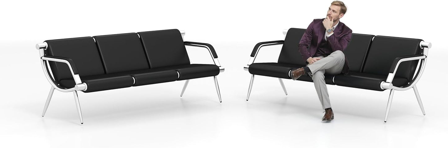 Kinsuite 3-Seat Office Reception Waiting Room Chairs - Guest & Reception Chairs for Salon Barber Bench Airport Bank Hall Visitor Guest Black PU Leather Office Sofa, Black