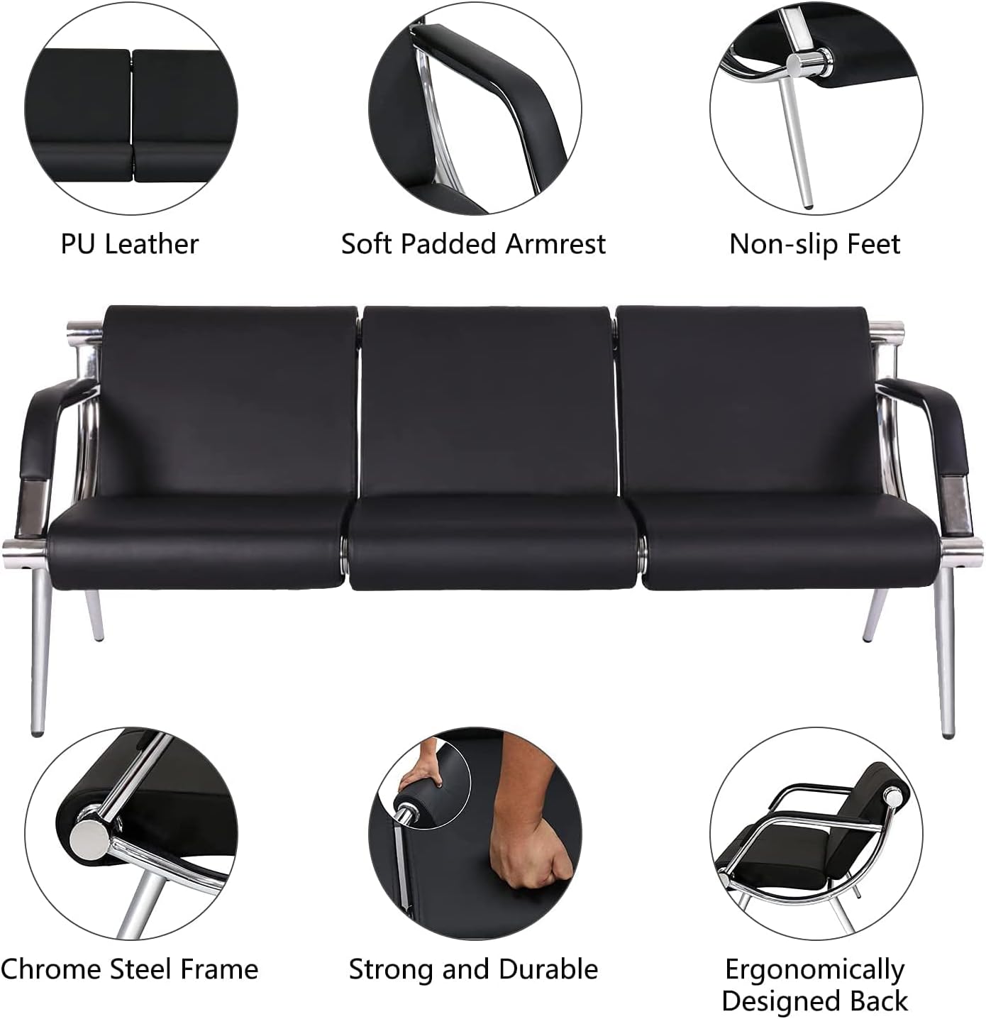 Kinfant Waiting Room Chairs Sofa Furniture - 5-Seat Office Guest Reception Chair with Armrest for Waiting Room Airport Hospital Bank (Black - PU)
