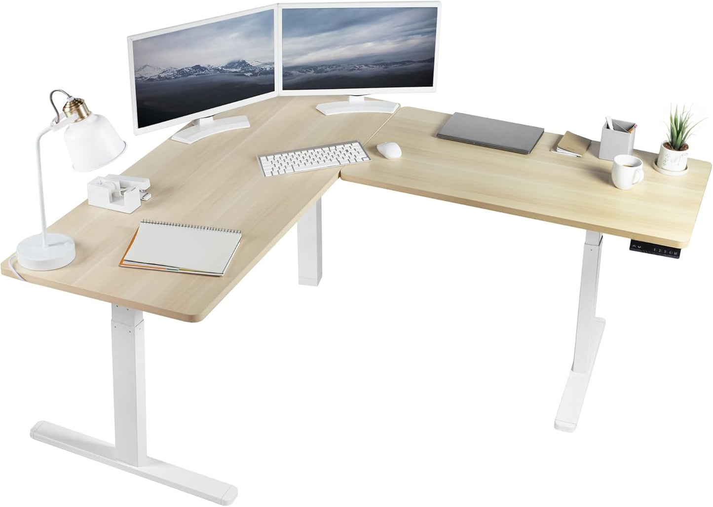 VIVO Electric 78 x 55 inch Square Corner Memory L Shaped Stand Up Desk, White Table Top, White Frame, Corner Height Adjustable Workstation, 3E-S Series, DESK-KIT-3E5SW