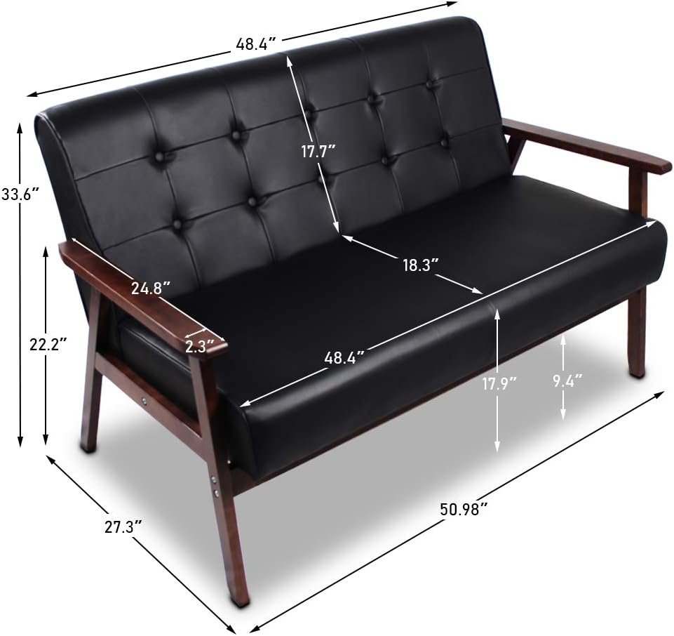 JIASTING Mid Century 1 Loveseat Sofa and 2 Accent Chairs Set Modern Wood Arm Couch and Chair Living Room Furniture Sets (8428 Black Set)