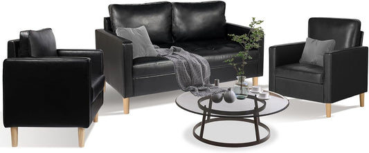 AILEEKISS Mid-Century Sectional Sofa Couch Set Faux Leather Office 3 Pcs Couch Set with Armrest Modern Upholstered Loveseat Couches for Livingroom (1-Seater+1-Seater+2-Seater, Black)