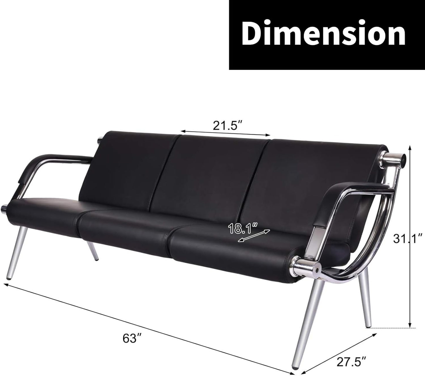 Kinsuite 3-Seat Office Reception Waiting Room Chairs - Guest & Reception Chairs for Salon Barber Bench Airport Bank Hall Visitor Guest Black PU Leather Office Sofa, Black