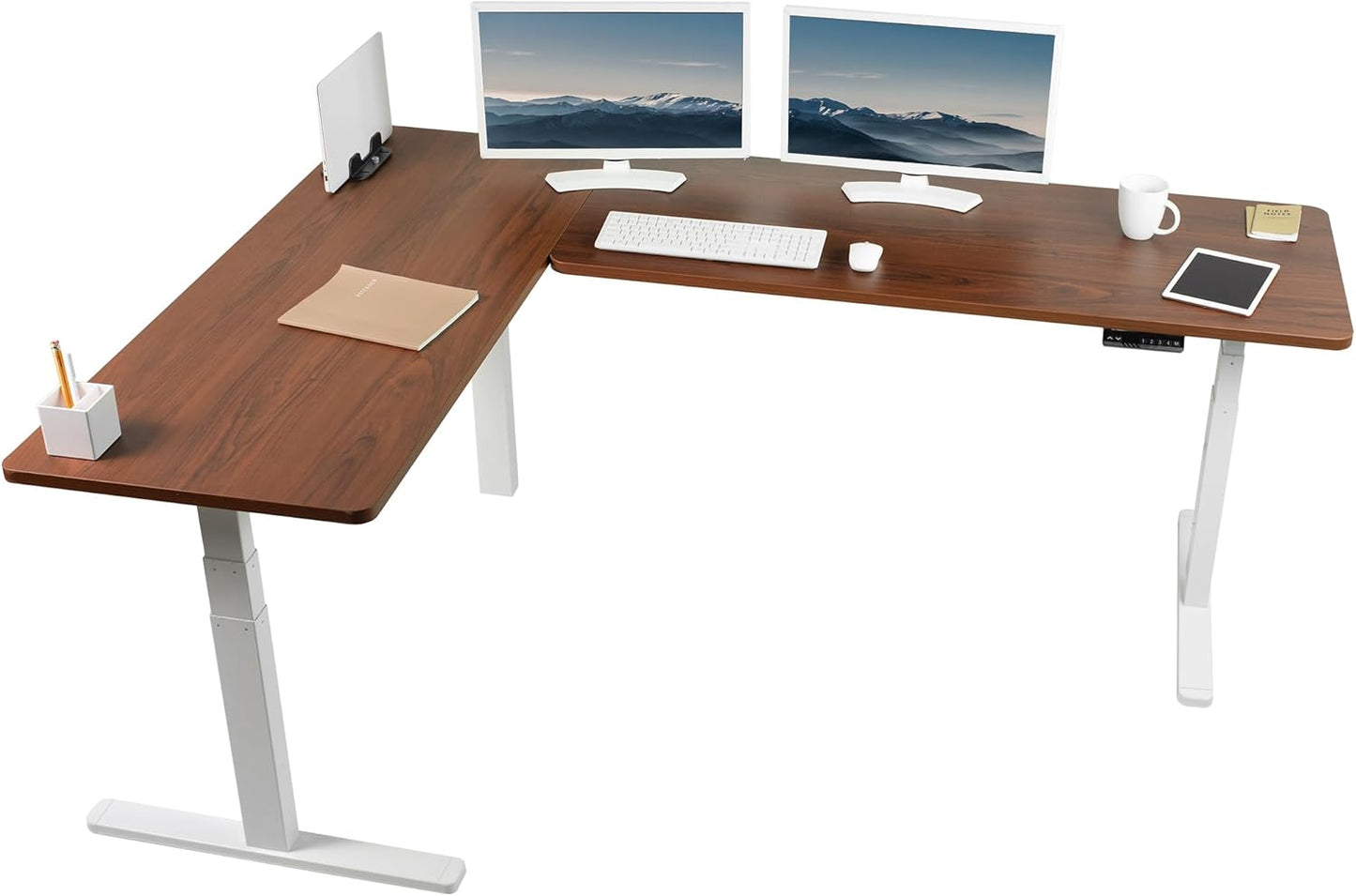 VIVO Electric 78 x 55 inch Square Corner Memory L Shaped Stand Up Desk, White Table Top, White Frame, Corner Height Adjustable Workstation, 3E-S Series, DESK-KIT-3E5SW