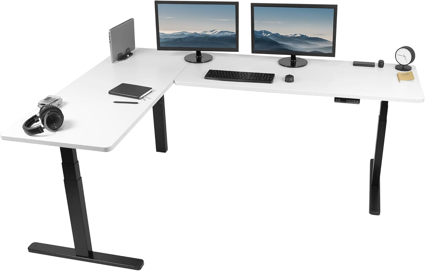 VIVO Electric 78 x 55 inch Square Corner Memory L Shaped Stand Up Desk, White Table Top, White Frame, Corner Height Adjustable Workstation, 3E-S Series, DESK-KIT-3E5SW