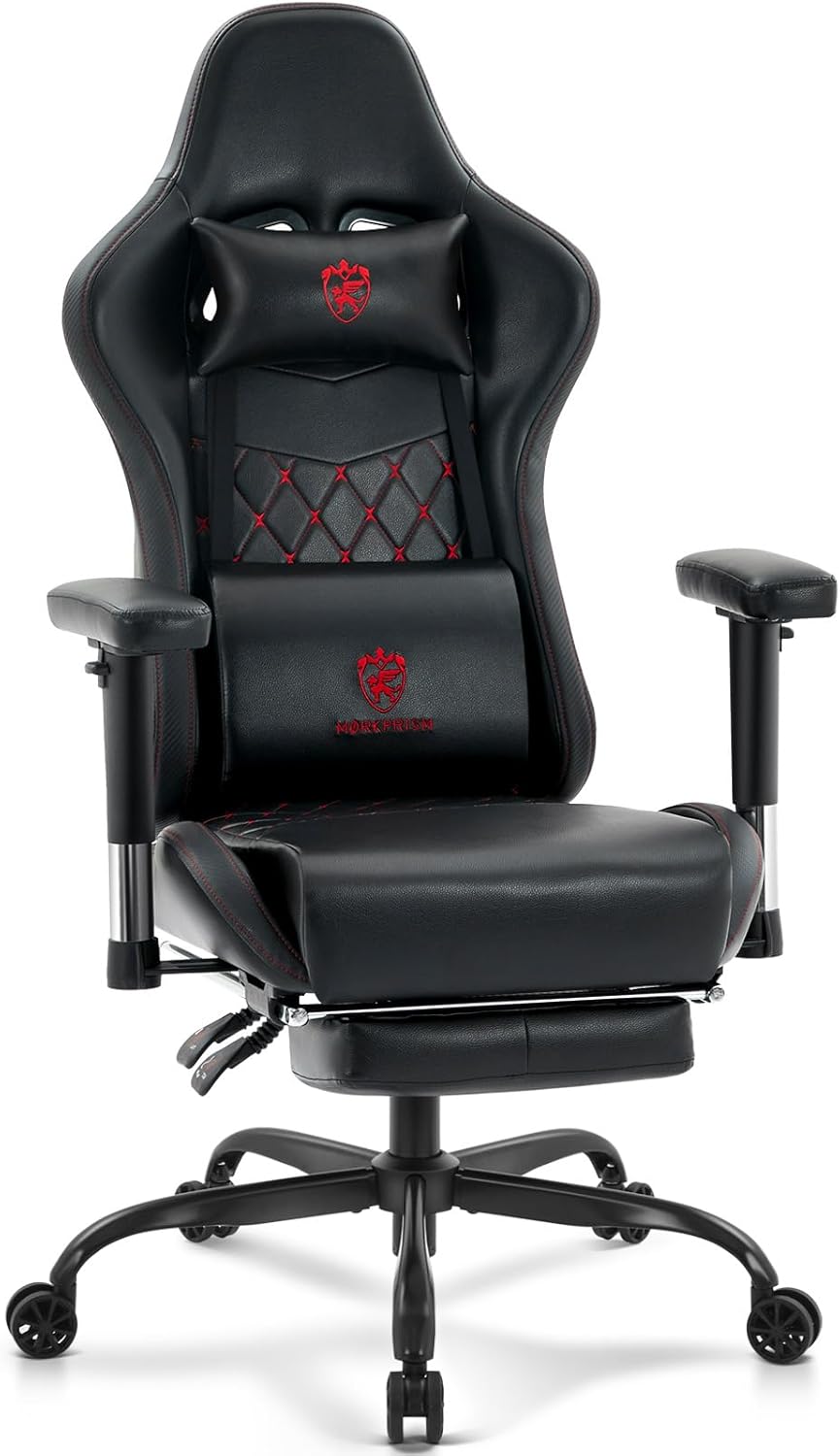 Gaming Chair Breathable Fabric,Computer Office Chair with Footrest,Massage Lumbar Support and Gel Pad,Ergonomic Reclining Gamer Chair with Adjustable Armrests and Spring Cushion Grey Black