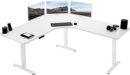VIVO Electric Height Adjustable 71 x 71 inch Curved Corner Stand Up Desk, White Table Top, White Frame, Memory Controller, L-Shaped Workstation, E3C Series, DESK-KIT-E3CWW