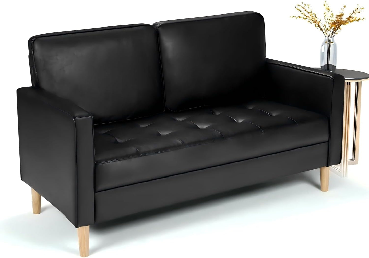 AILEEKISS Mid-Century Sectional Sofa Couch Set Faux Leather Office 3 Pcs Couch Set with Armrest Modern Upholstered Loveseat Couches for Livingroom (1-Seater+1-Seater+2-Seater, Black)
