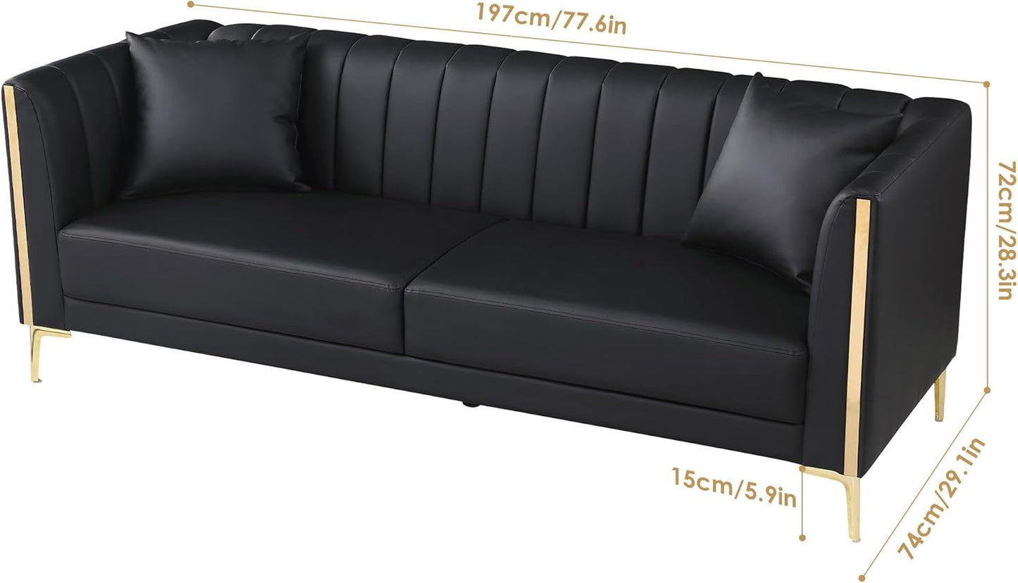 FOTOSOK 78'' Sofa, Black Couches for Living Room, Comfy Sofas Faux Leather Sofa 3 Seater Couches with 2 Throw Pillows and Gold Metal Legs, Deep Seat Sofas for Home, Office (Black)