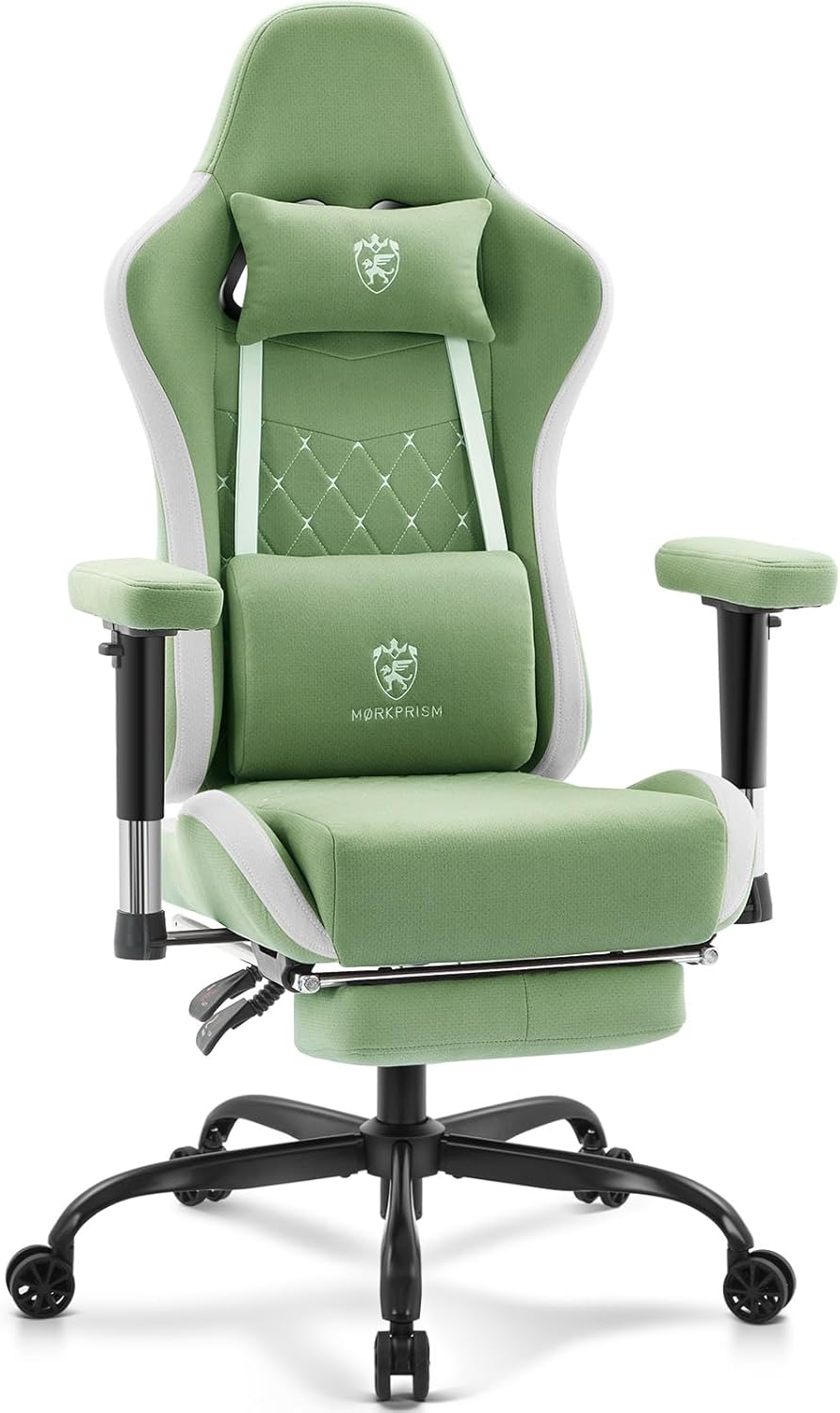 Gaming Chair Breathable Fabric,Computer Office Chair with Footrest,Massage Lumbar Support and Gel Pad,Ergonomic Reclining Gamer Chair with Adjustable Armrests and Spring Cushion Grey Black