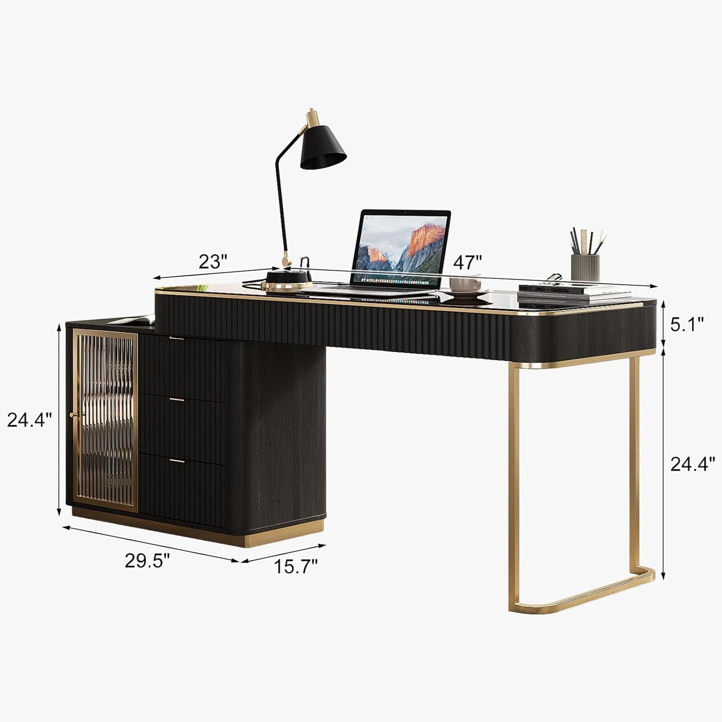 Lartis Office Desk, Very Easy to Assemble, Computer Desk, Home Telescopic Writing Desk, Modern Computer Desk with Retractable Cabinet Built-in LED Lights (Black Brown, 47 in)